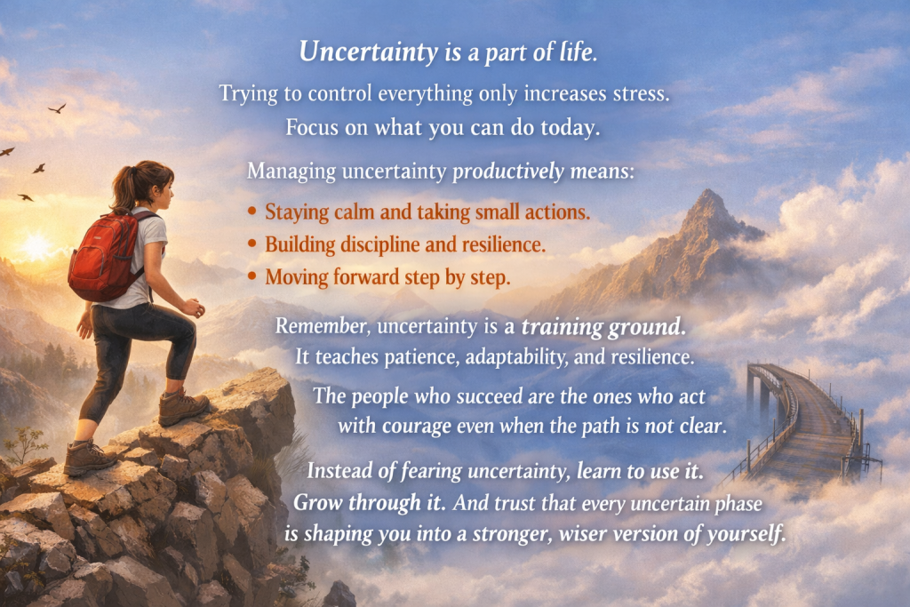 A motivational digital illustration showing a person standing at a crossroads under a cloudy sky, looking toward a brighter horizon. The path ahead is slightly unclear, symbolizing uncertainty, while soft sunlight breaking through the clouds represents hope, growth, and productive action. The overall tone is calm, inspiring, and focused on resilience.