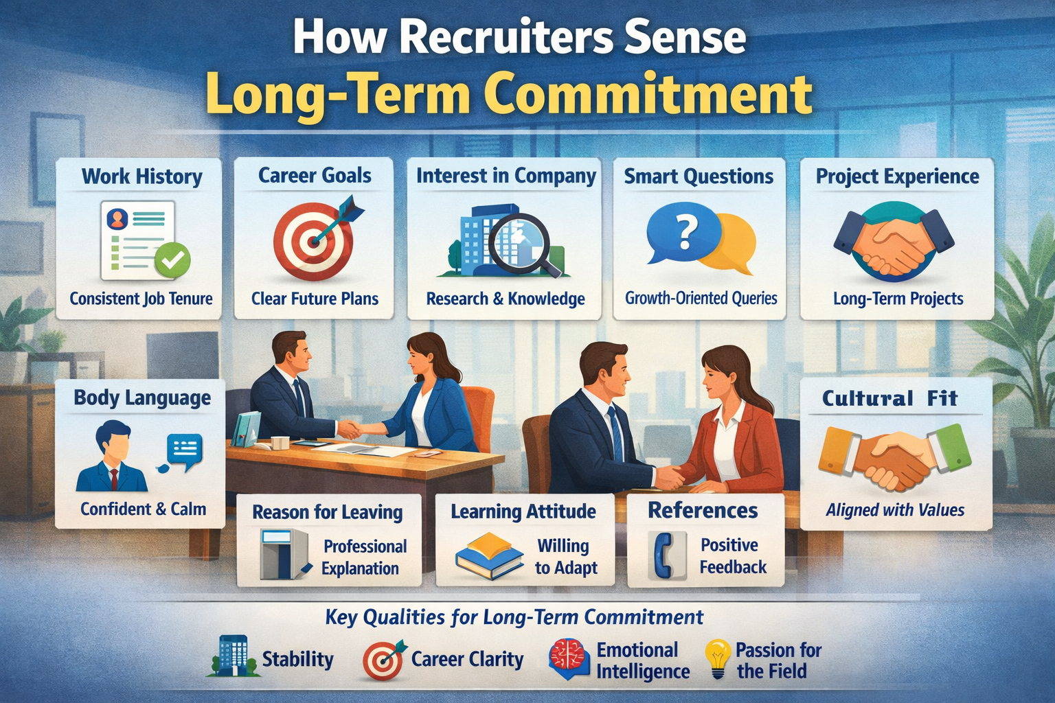 Professional office interview scene where a female recruiter is smiling and holding a resume while speaking with a male candidate across a desk. Text overlay reads “Sensing Long-Term Commitment in Job Candidates” with bullet points highlighting work history, career goals, company research, body language, and reason for leaving.