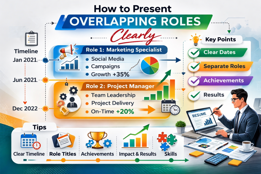 "Professional infographic banner titled 'How to Present Overlapping Roles Clearly', showing a clean timeline with separate role blocks, icons representing multitasking, and visual arrows connecting different responsibilities to illustrate clarity in overlapping job roles."