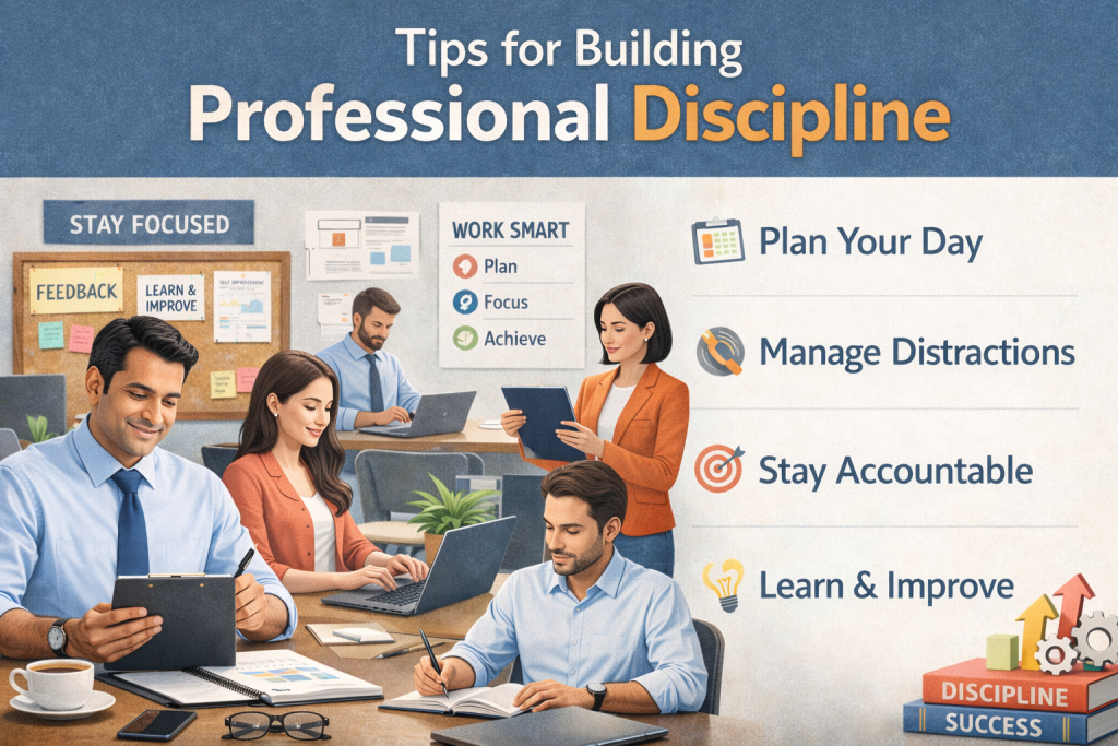 An animated office illustration showing four professionals working productively at desks. The image has a visible title at the top: “Tips for Building Professional Discipline.” On the right side, four tips are displayed with icons: “Plan Your Day,” “Manage Distractions,” “Stay Accountable,” and “Learn & Improve.” The workspace includes laptops, notebooks, and documents, while books labeled “DISCIPLINE” and “SUCCESS” with upward arrows and gears symbolize growth and productivity. The scene conveys teamwork, focus, and professional development.