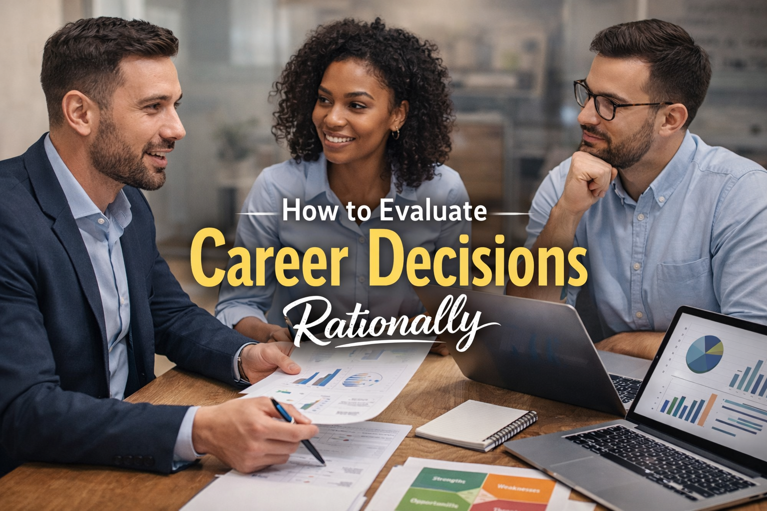 Alt text: "Three professionals, two men and one woman, sitting around a table in an office, discussing career decisions with documents and laptops showing charts and graphs. The text overlay reads 'How to Evaluate Career Decisions Rationally.' The image represents teamwork, analysis, and rational planning in career choices."
