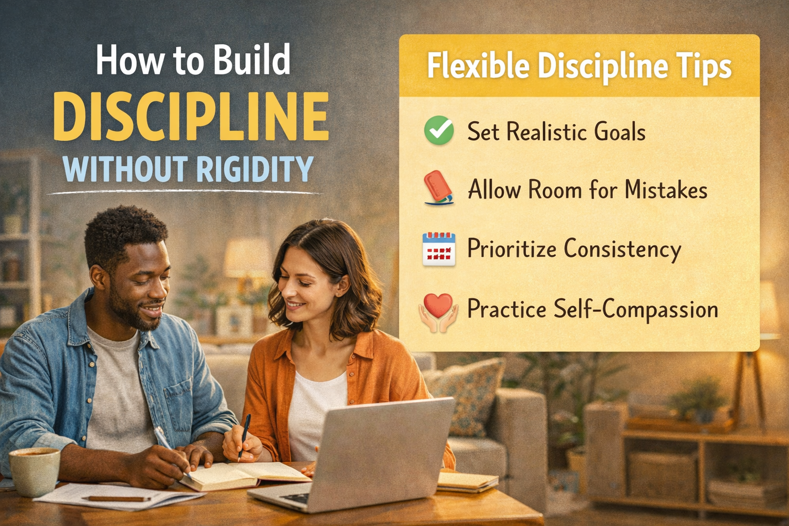 "Two people sitting at a table in a cozy, well-lit workspace, writing in notebooks and discussing ideas. The image includes the title 'How to Build Discipline Without Rigidity' and a yellow box with flexible discipline tips: Set Realistic Goals, Allow Room for Mistakes, Prioritize Consistency, and Practice Self-Compassion. The scene conveys collaboration, learning, and a balanced approach to discipline."