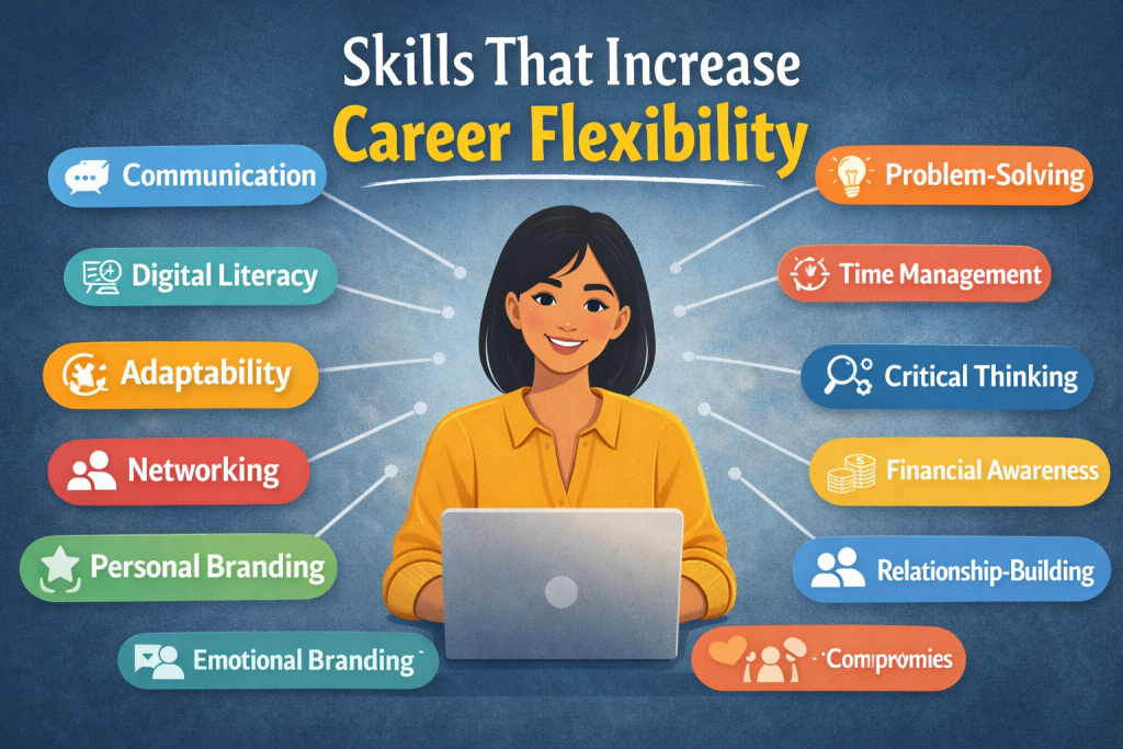 Animated illustration of a professional woman working on a laptop, surrounded by labeled skill icons such as communication, adaptability, problem-solving, digital literacy, networking, and critical thinking, representing skills that increase career flexibility.