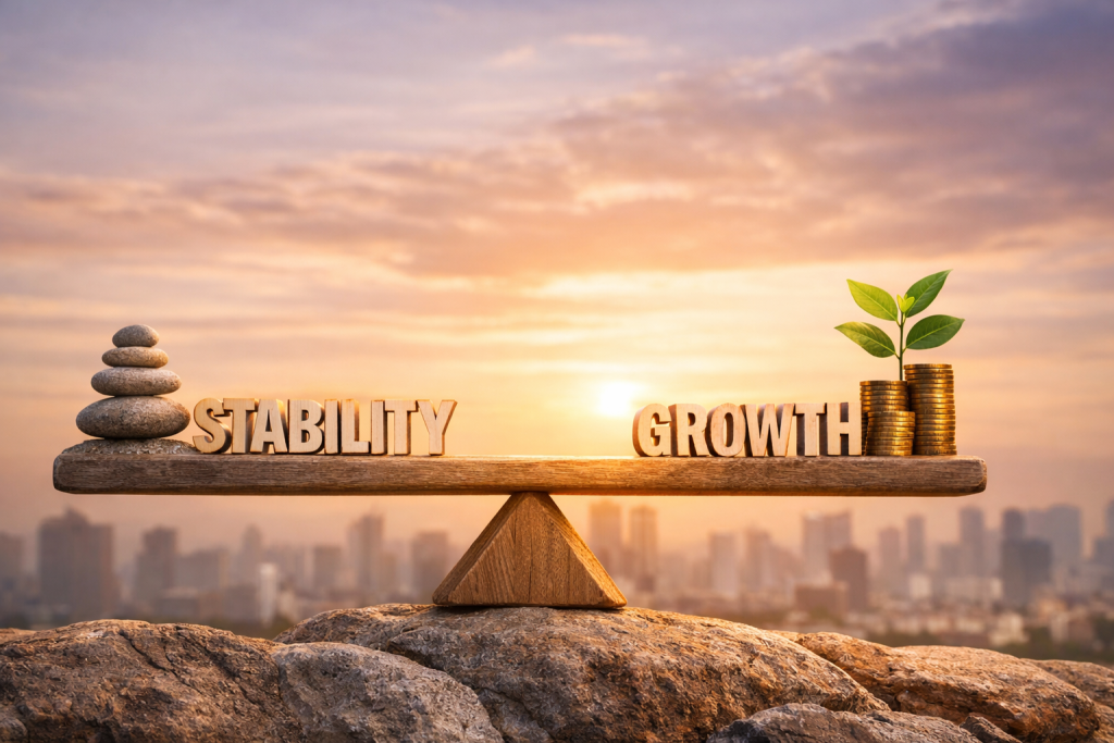 “A wooden seesaw balanced on a rocky surface with the word ‘STABILITY’ on the left next to stacked stones, and the word ‘GROWTH’ on the right next to a stack of coins supporting a small sprouting plant, set against a warm sunset sky with a blurred city in the background, symbolizing the balance between stability and growth.”
