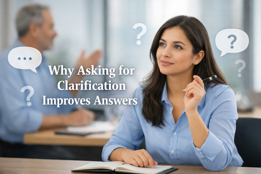 “A young professional actively listening and asking for clarification during a conversation, representing clear communication and understanding.”