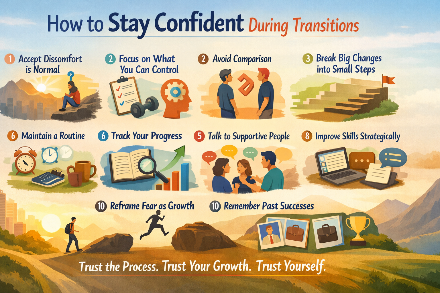 Wide banner illustration (1600 × 778 px) showing a person walking forward on a path between mountains during sunrise, symbolizing growth and life transitions. The scene uses warm tones with a calm sky, soft hills, and a hopeful atmosphere. The main heading “How to Stay Confident During Transitions” appears at the top, and a motivational line at the bottom reads “Trust the Process. Trust Your Growth. Trust Yourself.” Visual icons represent progress, support, routine, learning, and personal development.