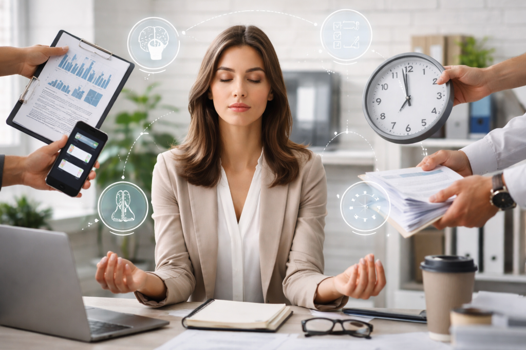 A professional woman sitting calmly at her desk while multiple work demands surround her, symbolizing staying calm under pressure in a busy office environment.