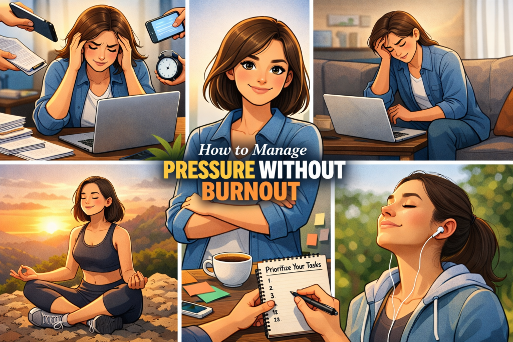 Animated illustration of a woman feeling overwhelmed by work pressure, surrounded by distractions while working on a laptop.