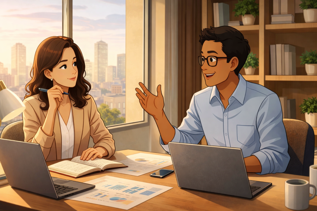 Animated illustration of two professionals discussing work at an office table with laptops, representing strategic thinking, collaboration, and patience in career development.