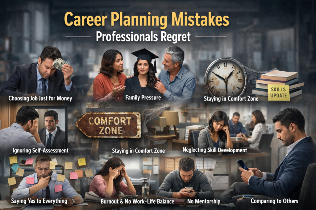 Professionals sitting in an office environment showing stress and regret caused by common career planning mistakes such as choosing money over passion, staying in the comfort zone, ignoring skill development, burnout, lack of mentorship, and comparing careers with others.