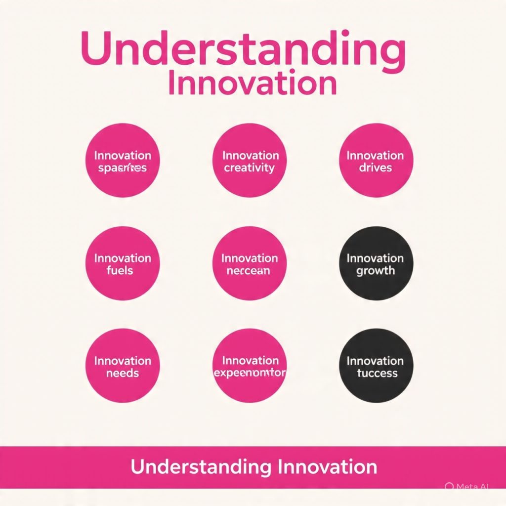 An infographic titled “Understanding Innovation” with five alternating pink and black numbered circles containing the phrases: 1. “Innovation sparks creativity”, 2. “Innovation drives progress”, 3. “Innovation fuels growth”, 4. “Innovation needs experimentation”, 5. “Innovation inspires success”. A pink bottom bar runs across the bottom of the design.