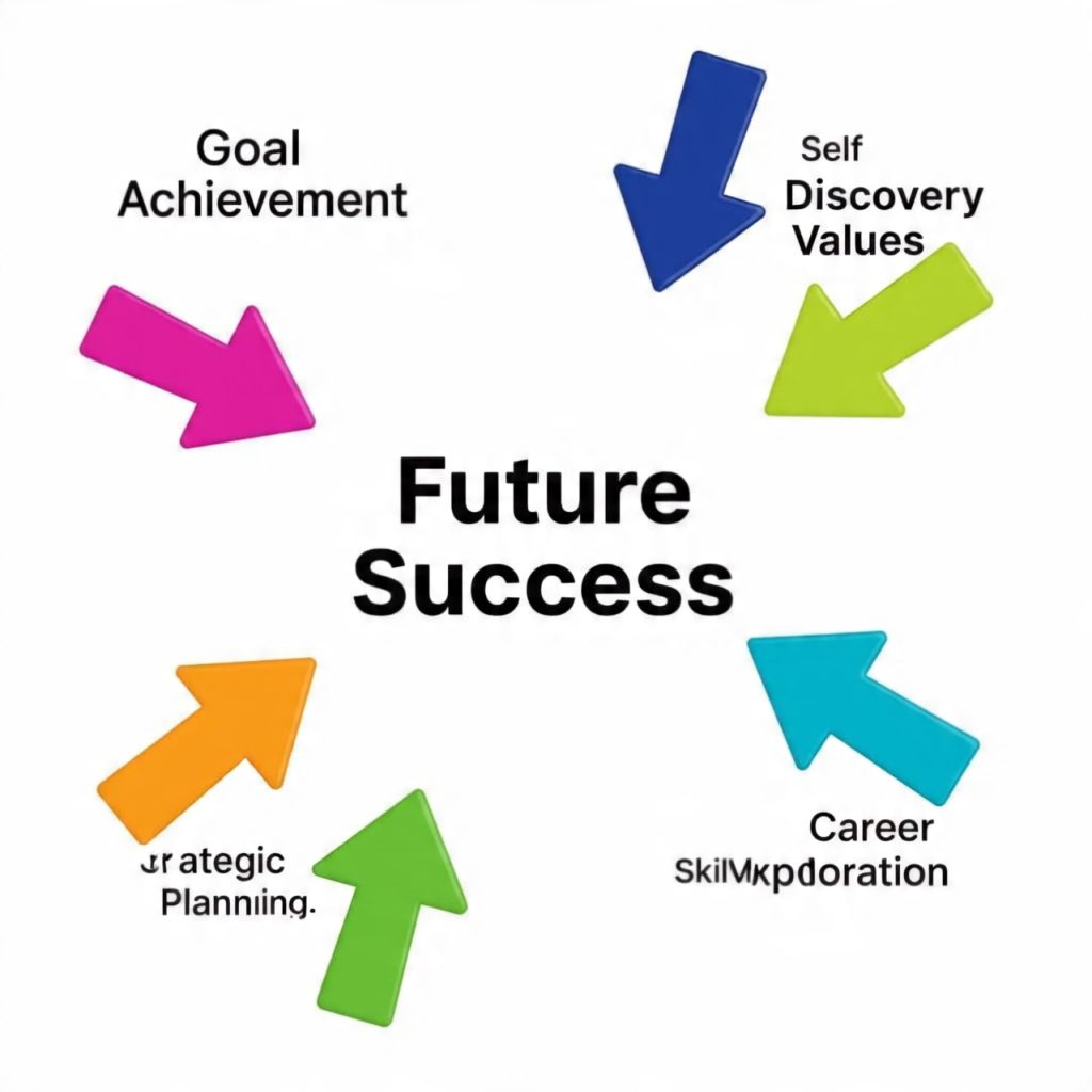 A vibrant circular flowchart featuring six glossy arrows that encircle bold central text reading Future Success. The six labeled steps around the circle are: Embrace Values, Self Discovery, Skill Mastery, Career Exploration, Strategic Planning, and Goal Achievement, presented in modern typography with bright, eye‑catching hues for clear readability.