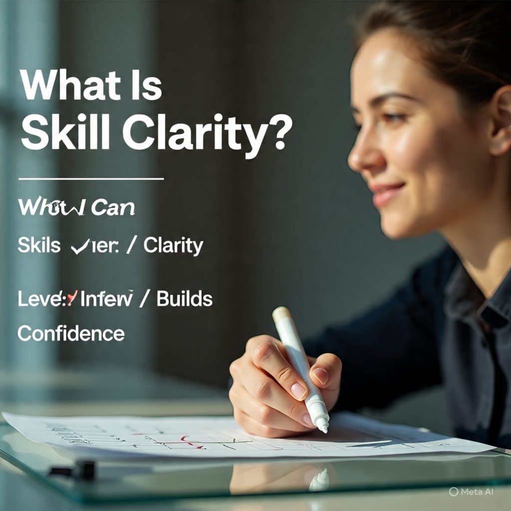 A young professional stands confidently in front of a glass board in a modern workspace, with handwritten sections labeled “My Strengths,” “Skills I’m Improving,” and “Level: Beginner / Intermediate / Advanced,” marked with checkmarks. Holding a marker and slightly smiling, they appear focused and organized. Soft natural light from a window creates a warm, productive atmosphere. Subtle overlay text reads, “What Can I Do Well?” and “Clarity Builds Confidence.”