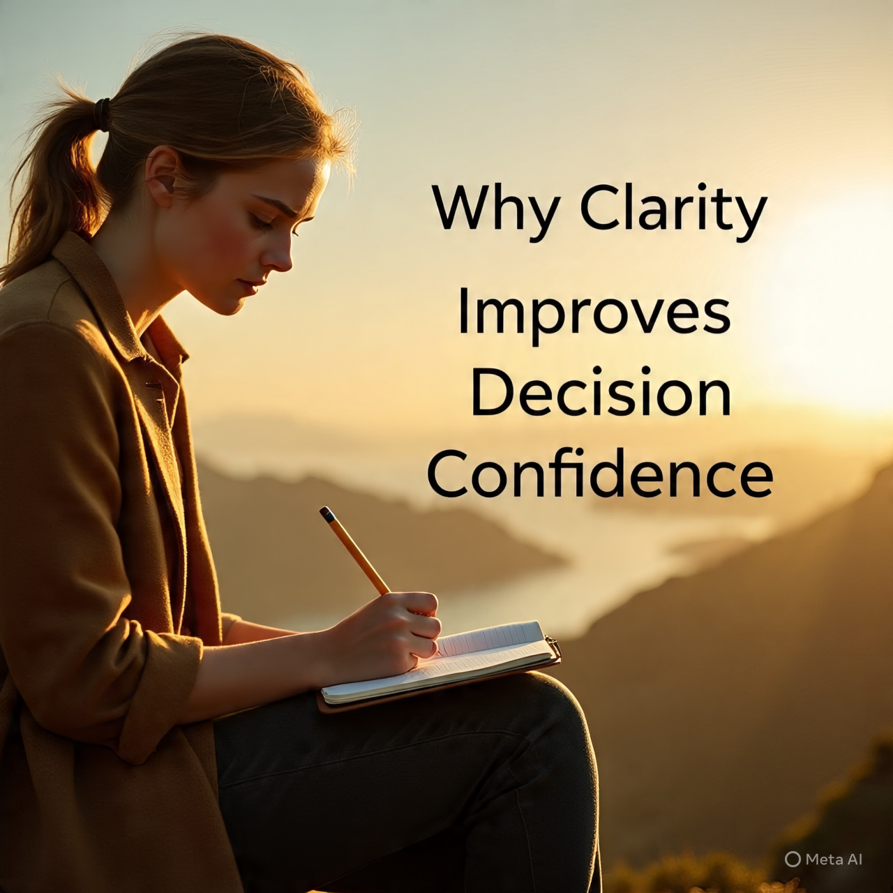 A young woman sitting on a cliff at sunset, writing in a notebook with a calm and focused expression. The background shows mountains and water in golden light. The title “Why Clarity Improves Decision Confidence” is displayed on the right side of the image.