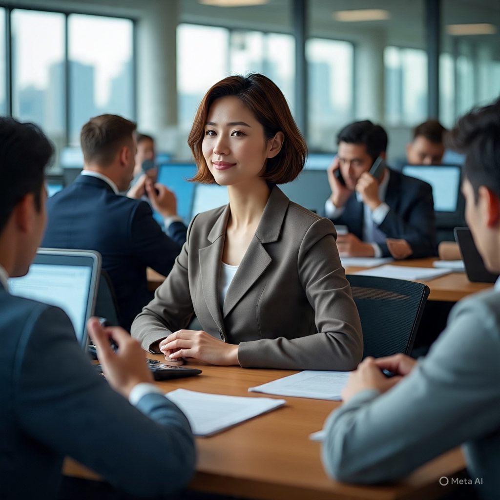 A calm professional sits at a desk in a busy, high-stress office, remaining composed while coworkers around them appear stressed, on phones, and handling paperwork. Soft natural light highlights the central figure, with a blurred background emphasizing focus. Modern corporate setting with glass walls and city skyline, warm neutral tones, cinematic lighting, 
