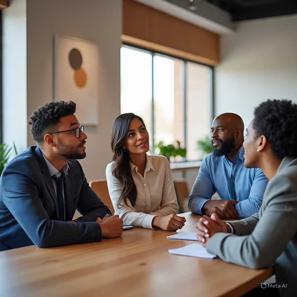 A diverse team of professionals in a modern office, engaged in discussion and collaboration, one person speaking while others listen attentively, warm natural lighting, highlighting teamwork, communication, and emotional intelligence, realistic style, 1600x778px.