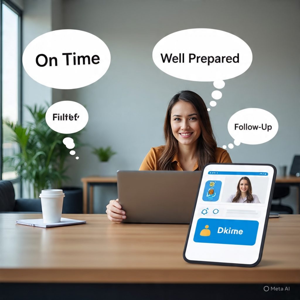"A professional recruitment scene in a modern office. A recruiter sits at a desk reviewing a candidate’s resume on a laptop, while the candidate sits across the table, smiling and making eye contact, showing engagement and confidence. Include subtle details like a coffee cup, notepad, and office plant for realism. Add thought bubbles showing candidate signals like 'On Time', 'Well Prepared', and 'Follow-Up'. A smartphone in the foreground displays the candidate’s LinkedIn profile with engagement indicators. Soft natural lighting, clear focus, realistic expressions, and modern office interior."
