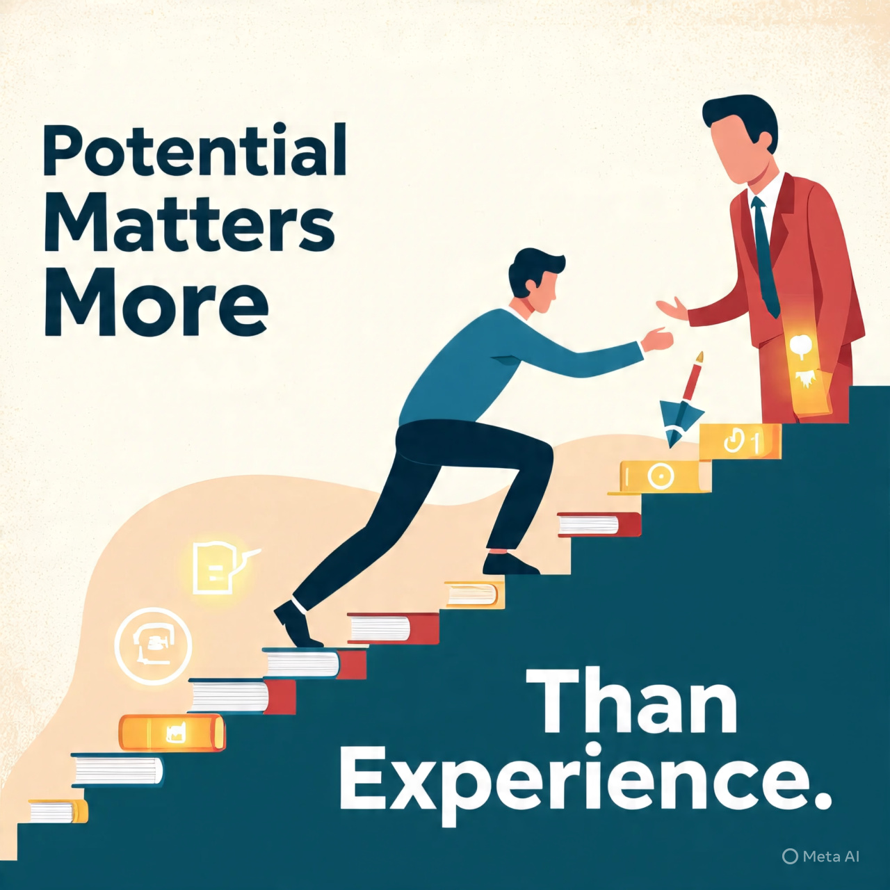 A symbolic illustration showing a young professional climbing a staircase made of books and glowing skill icons, representing growth, learning, and potential. In the background, a senior professional watches encouragingly, symbolizing guidance and mentorship. The scene conveys progress, opportunity, and evaluation of talent rather than past experience. Bright, motivational colors with realistic yet slightly stylized design. Include subtle text: “Potential Matters More Than Experience”. Size: 1600x778 px.