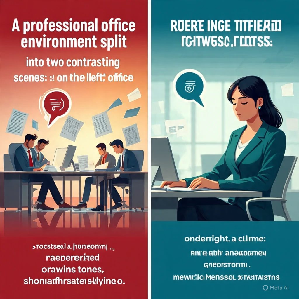 "A professional office environment split into two contrasting scenes: on the left, a chaotic office with stressed employees, papers flying, red and orange tones, showing frustration and panic; on the right, a calm and composed professional meditating at a desk, serene expression, soft natural lighting, blue and green tones, minimal distractions, team members calmly working in the background, conveys clarity, focus, and calmness. Include subtle icons for stress and focus, realistic human expressions, modern office details, cinematic lighting, high-resolution, professional digital illustration."