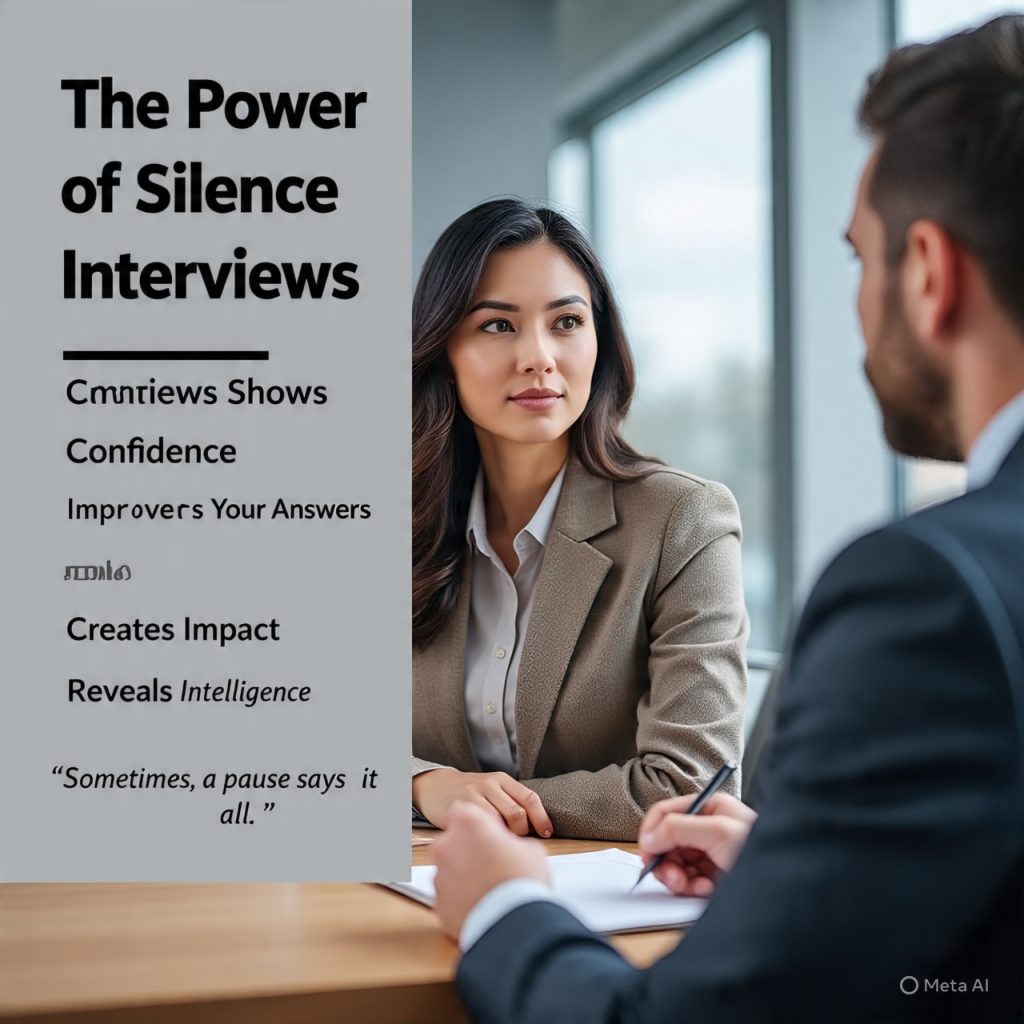 A professional job interview setting where a confident woman sits calmly with her hands folded, eyes gently closed in a thoughtful pause, across from a male interviewer in a suit. The image includes the title “The Power of Silence in Interviews” with key points listed on the side such as “Shows Confidence,” “Improves Your Answers,” “Creates Impact,” and “Reveals Emotional Intelligence,” along with the quote, “Sometimes, a pause says it all.”