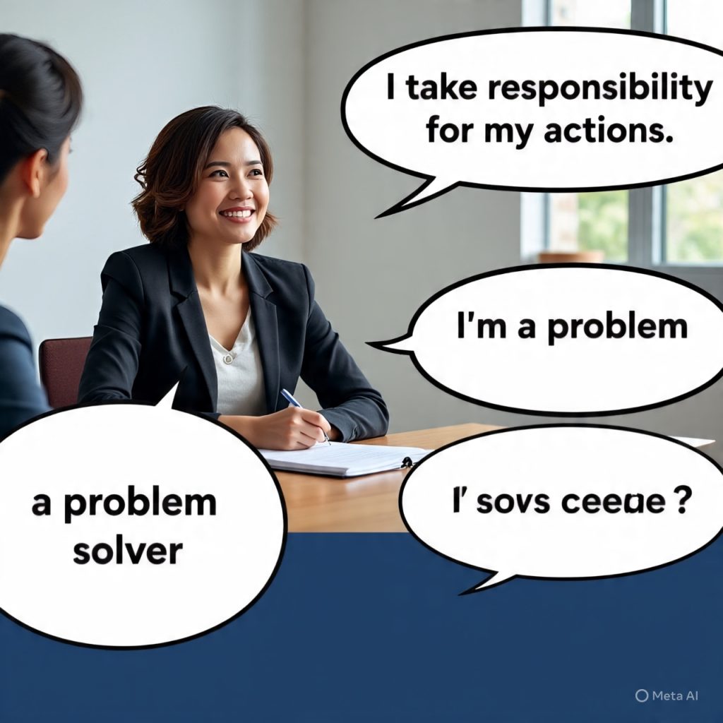 Illustration of a recruiter interviewing a candidate while assessing accountability signals such as strong resume, interview answers, reference checks, and on-time communication, with speech bubbles showing ownership statements like taking responsibility and solving problems.