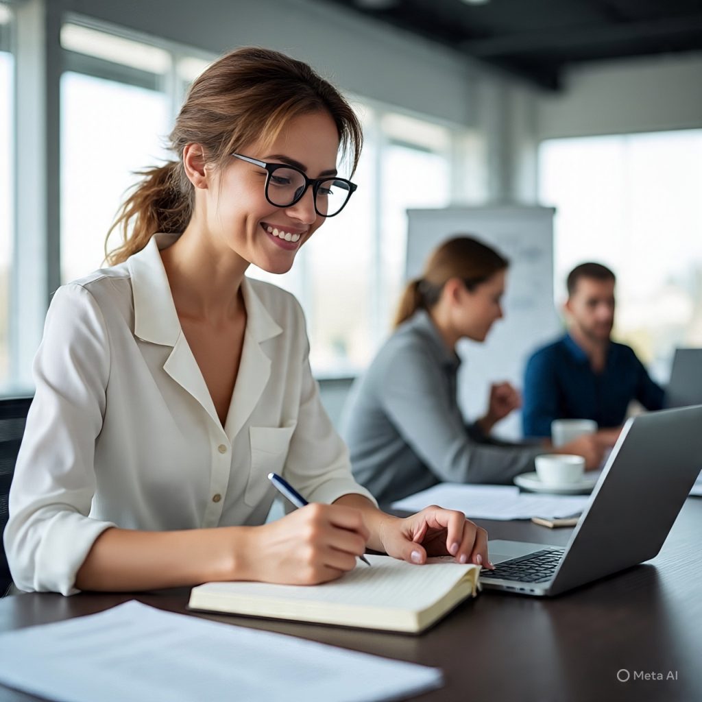 A professional woman sitting at a desk in a bright modern office, writing in a notebook while working on a laptop. Papers, a smartphone, and a cup of coffee are placed neatly on the desk, while coworkers collaborate in the background near a whiteboard.