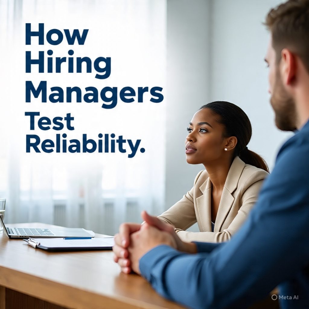 A professional job interview scene in a modern office where a female hiring manager in a beige blazer is holding a clipboard and listening attentively to a male candidate in a blue shirt. They are sitting across a wooden desk with a laptop and a glass of water visible. Large bold text on the left side reads, “How Hiring Managers Test Reliability Indirectly.”