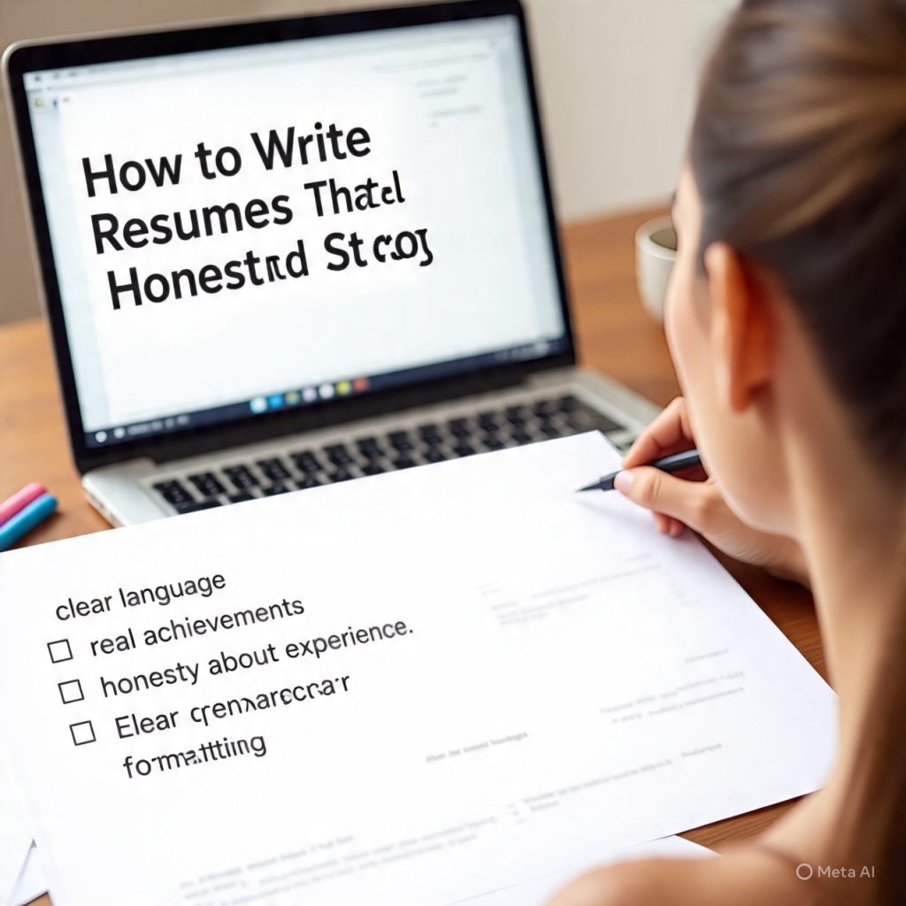 Illustration of a woman sitting at a desk and writing her resume on a laptop, with a large resume document displayed beside her. The banner headline reads “How to Write Resumes That Feel Honest and Strong,” and the resume includes checklist points like clear language, real achievements, honesty about experience, and clean formatting.