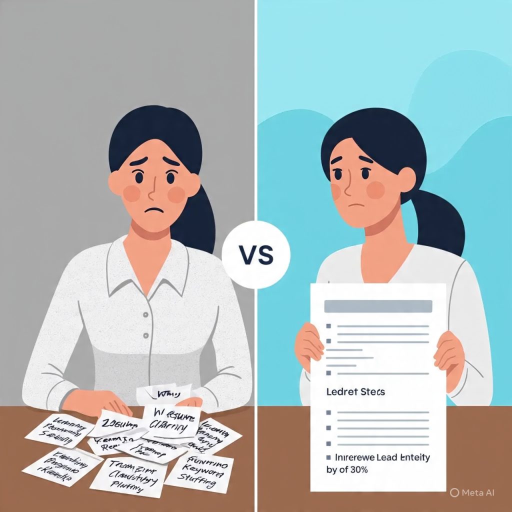 Create a professional blog banner image (1600x778px) with the title *“Why Resume Clarity Beats Keyword Stuffing”* at the top in bold, clean typography. The design should look modern and minimal.

On the left side, show a stressed young professional girl sitting at a desk with many messy resume papers stacked in front of her. The papers should contain repeated words like “Leadership,” “Communication,” “Team Player,” and “Problem-Solving.” The left background should feel slightly dull or grey to represent confusion and keyword stuffing.

On the right side, show the same girl looking confident and professional, holding a clean and well-structured resume with bullet points like “Increased Sales by 25%,” “Led Team of 5,” and “Improved Efficiency by 30%.” The right background should be brighter with soft blue tones to represent clarity and success.

In the center, add a subtle “VS” circle between both sides. The overall style should be flat illustration, clean, corporate, and suitable for a career or HR blog. The image should feel professional, motivational, and easy to understand.