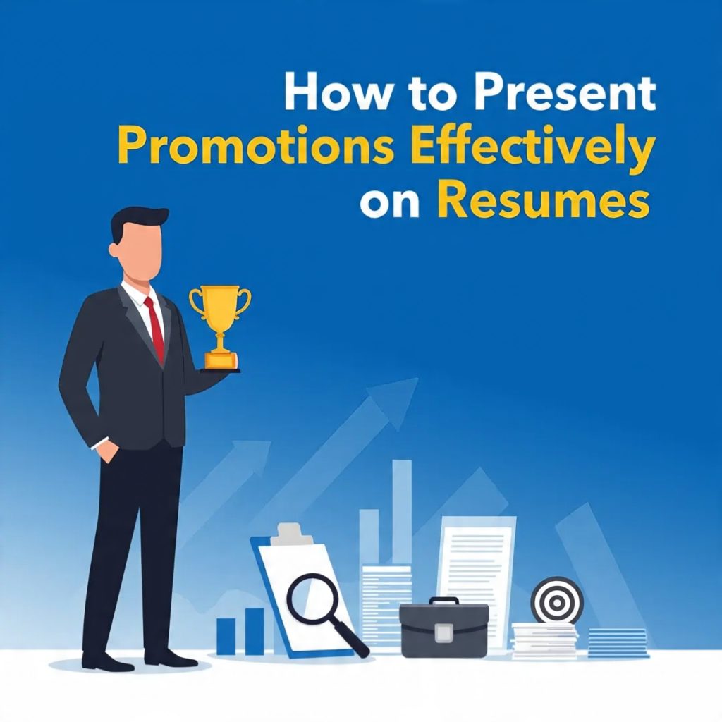 A professional blue gradient banner titled “How to Present Promotions Effectively on Resumes.” On the left side, a business professional stands on rising bar charts holding a trophy, symbolizing career growth and promotion. Below are a resume clipboard, magnifying glass, briefcase, target icon, and stacked documents representing job applications and achievements. The right side displays the bold title text in white and yellow fonts on a clean corporate background.