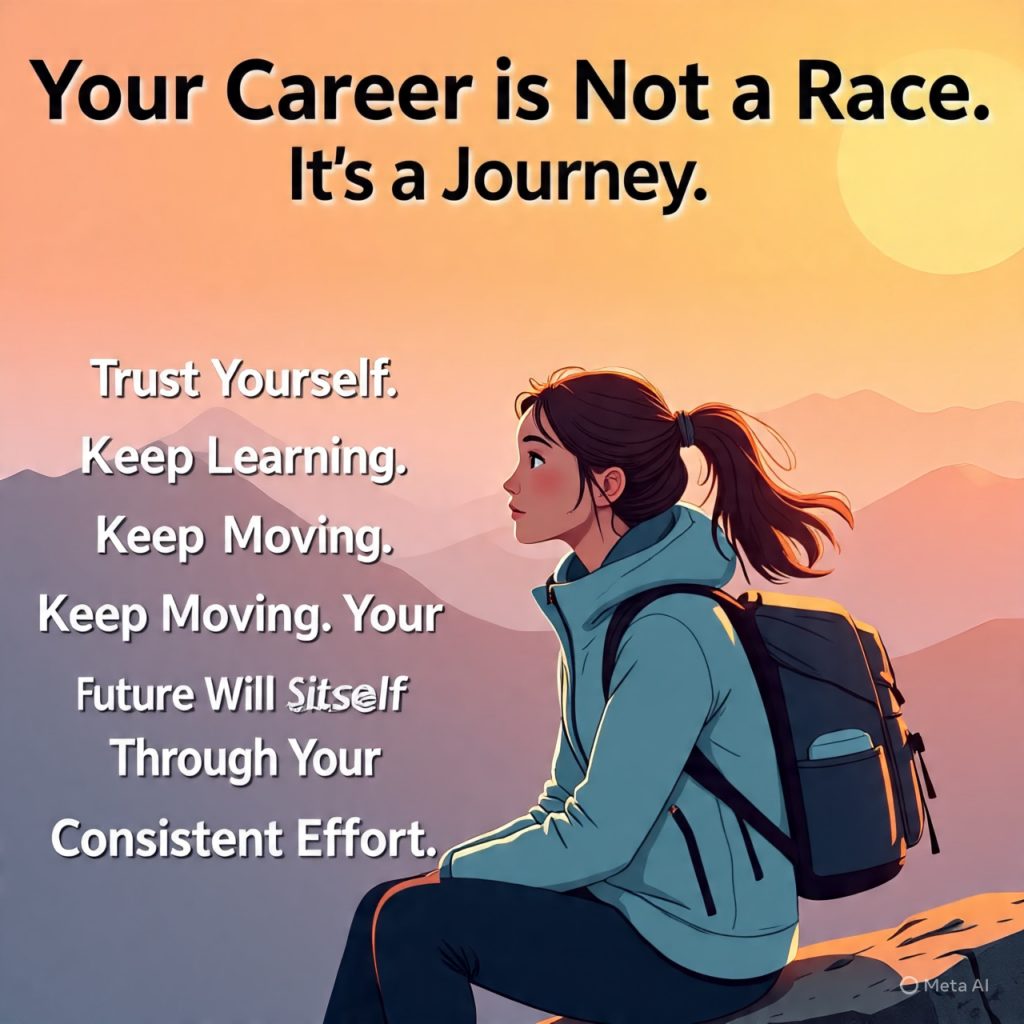 A motivational digital illustration of a young woman sitting on a mountain peak at sunrise, looking toward distant mountains. The sky is warm with orange and pink tones. Text on the image reads, “Your Career is Not a Race. It’s a Journey. Trust Yourself. Keep Learning. Keep Moving. Your Future Will Shape Itself Through Your Consistent Effort.” 