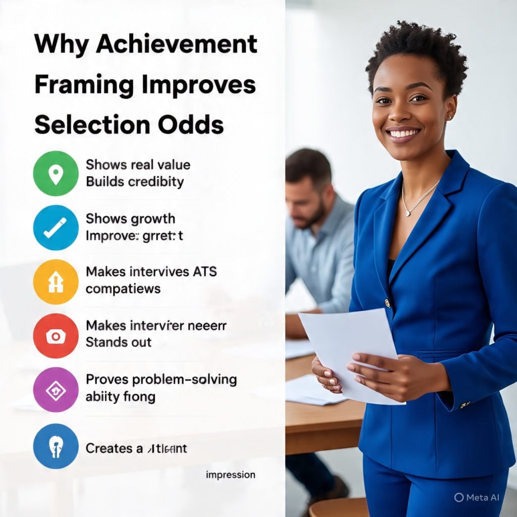 Infographic titled “Why Achievement Framing Improves Selection Odds” in a 1600x778 layout. On the left side, colorful circular icons highlight key benefits such as showing real value, building credibility, showing growth, improving ATS compatibility, making interviews easier, standing out, matching recruiter needs, proving problem-solving ability, creating a strong first impression, and helping in promotions. On the right side, a professional woman in a blue suit holds a resume with charts and graphs while two recruiters review documents in the background, representing resume evaluation and hiring decisions.