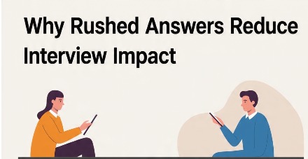 Infographic titled “Why Rushed Answers Reduce Interview Impact” showing a nervous job candidate speaking quickly during an interview while a calm interviewer listens with a clipboard. Below the illustration are five visual points: shows nervousness, lacks clear structure, misses important details, misunderstands the question, and leads to rambling. The design highlights that interview impact is built through clarity, calmness, and confident pauses.