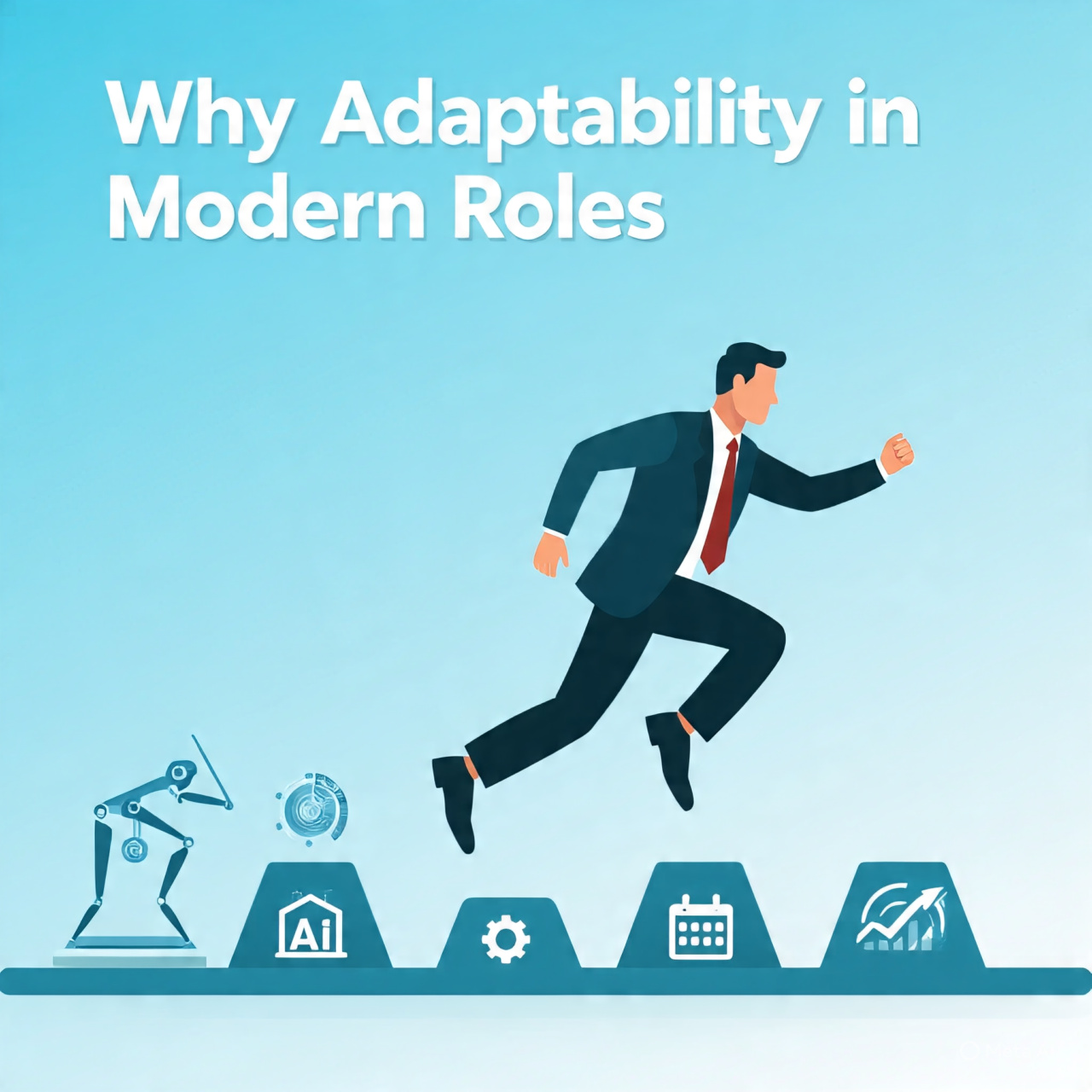 Banner image titled “Why Adaptability in Modern Roles” featuring a professional man jumping across stepping stones toward success, surrounded by icons of technology, AI, remote work, gears, calendar, target, and growth symbols, with a robotic arm and laptop on the left side representing innovation and change.