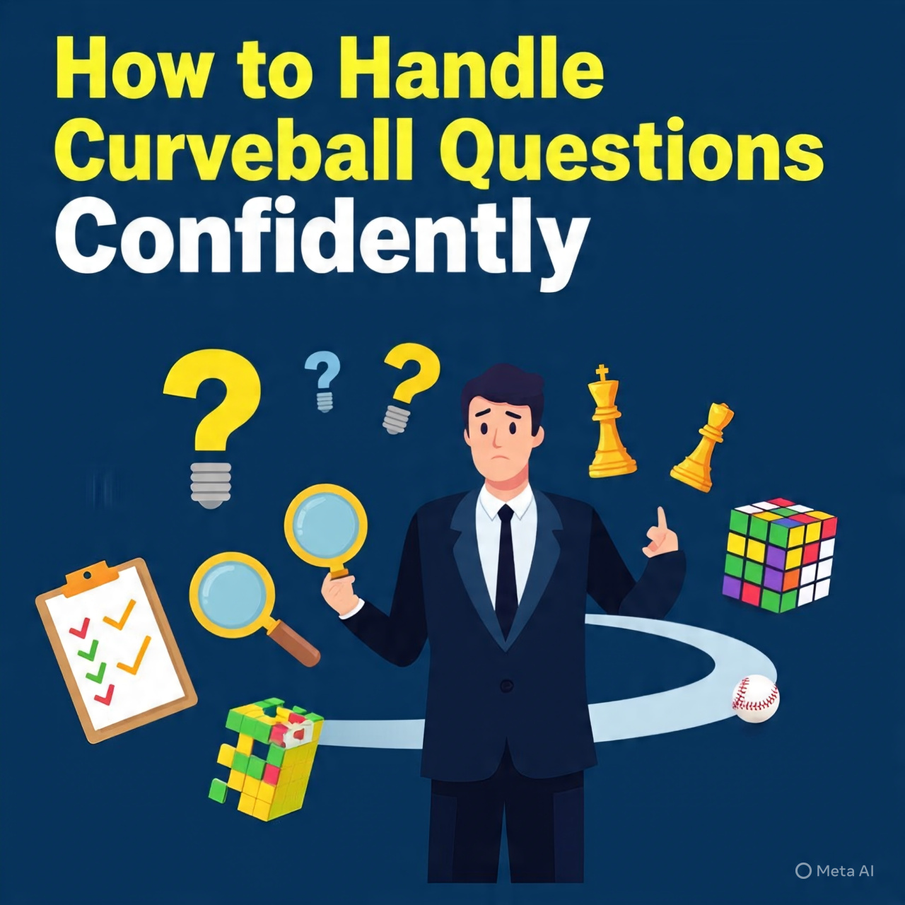 A wide banner graphic with the title “How to Handle Curveball Questions Confidently” in bold text. The design includes a confused professional figure in a suit, question marks, a lightbulb, puzzle pieces, a clipboard with checkmarks, a magnifying glass, a Rubik’s cube, chess pieces, and a baseball moving in a curved path, symbolizing unexpected questions and problem-solving. Dark blue background with bright yellow and white typography.