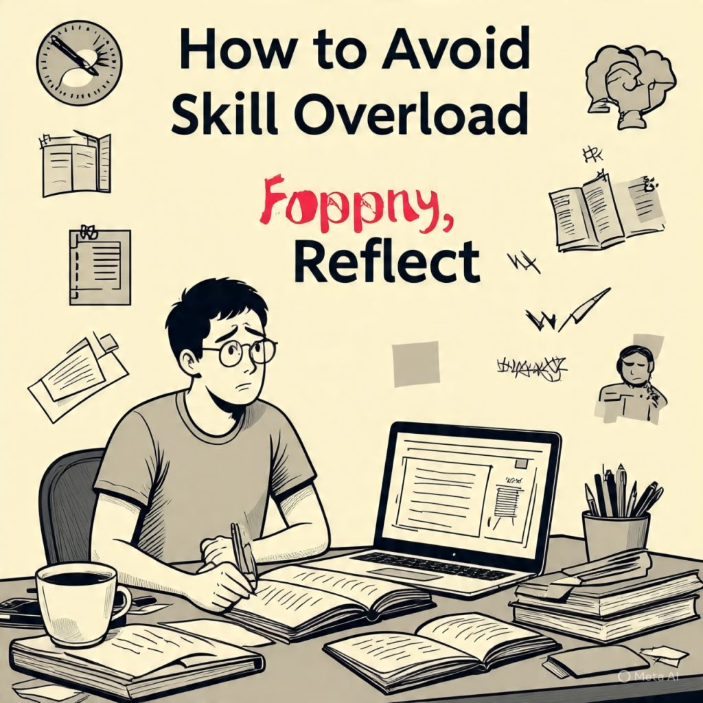 "A person sitting at a desk, looking stressed while surrounded by books, papers, and a laptop showing an error. Icons and text around illustrate tips to avoid skill overload, including setting clear goals, limiting skills, breaking into sub-skills, sticking to a learning schedule, applying skills, avoiding comparisons, reviewing progress, and taking breaks. Bold title reads 'How to Avoid Skill Overload' with a focus on 'Focus, Apply, Reflect'."