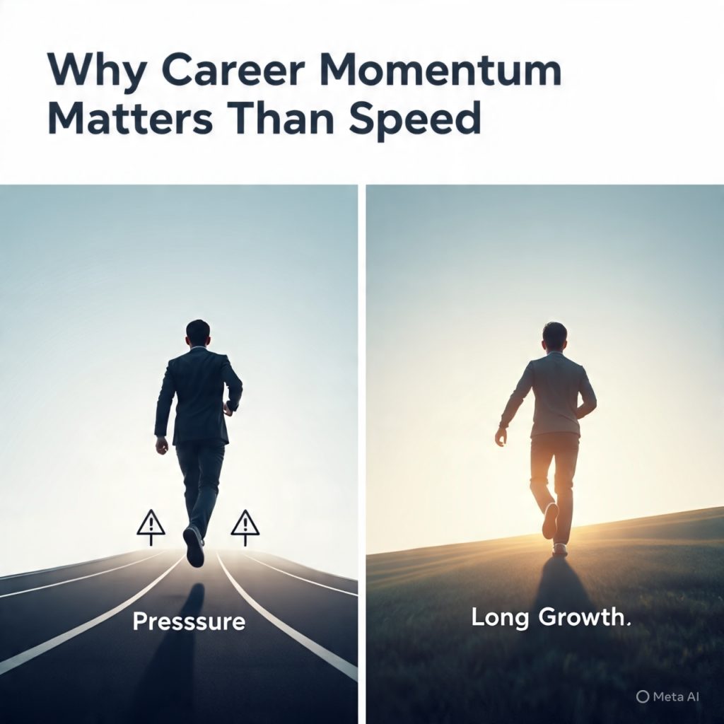 Create a professional blog banner (1600x778 px) with the title:
“Why Career Momentum Matters More Than Speed”

Visual concept: Show two professionals side by side.

On the left: A person running very fast on a short straight track, looking stressed and rushed. The track ends quickly near a warning sign labeled “Pressure” or “Burnout.” Their posture should show urgency and tension.

On the right: Another person walking steadily uphill on a long curved path. The path is smooth and continues upward toward a bright horizon labeled “Long-Term Growth.” This person looks calm, confident, and focused.

Style: Modern flat illustration or semi-realistic corporate style.
Background: Soft gradient (light blue to white) with a clean business environment feel.
Mood: Motivational, professional, long-term success focused.
Text: Bold, modern sans-serif font placed at the top or center-right.
Lighting: Brighter and warmer on the momentum side, slightly intense and sharp on the speed side.

Make it suitable for LinkedIn or Medium article cover.