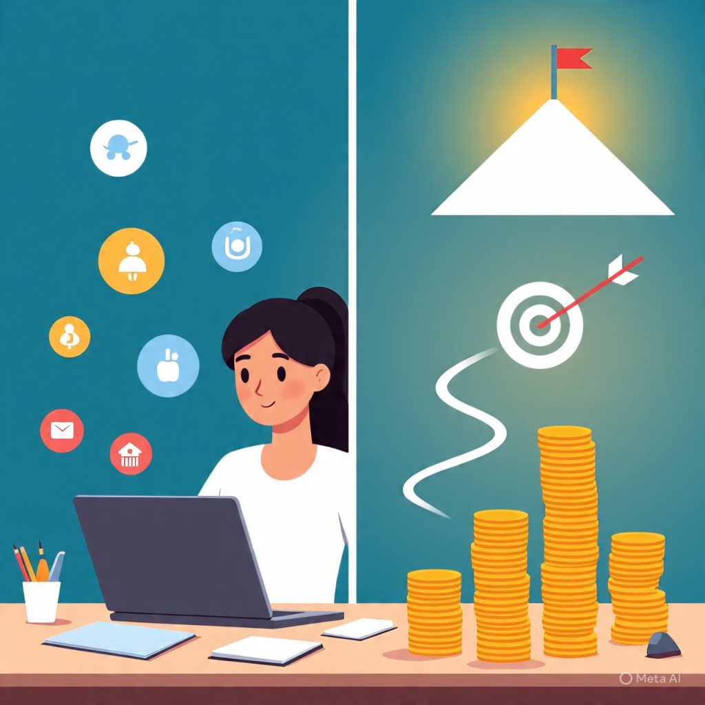 A split-style digital illustration showing a young woman sitting at a desk with a laptop and notebook, looking focused but surrounded by floating icons like AI, cryptocurrency, and media symbols on the left side, representing distractions. On the right side, a bright mountain with a red flag at the top, a winding path, a target symbol, and stacked coins under the sun represent clear goals, focus, and success.