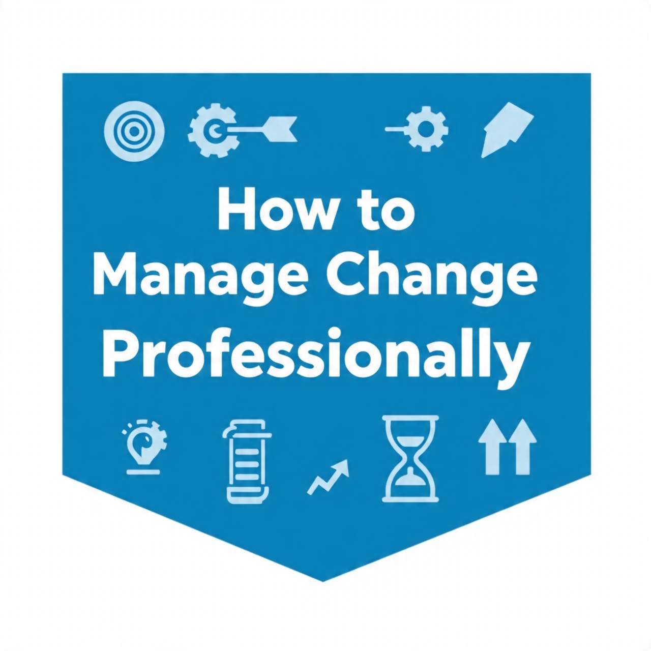 Alt text: A professional blue-themed banner titled “How to Manage Change Professionally” showing business professionals adapting to change, with symbols like circular arrows, a target, a lightbulb, gears, a checklist, an hourglass, and upward arrows representing growth and progress.