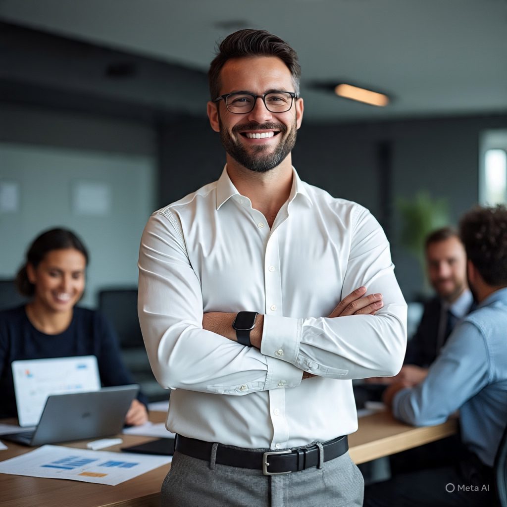 Confident professional man standing with arms crossed in a modern office, smiling at the camera, while a diverse team collaborates in the background with charts and laptops visible, representing ownership and leadership mindset.