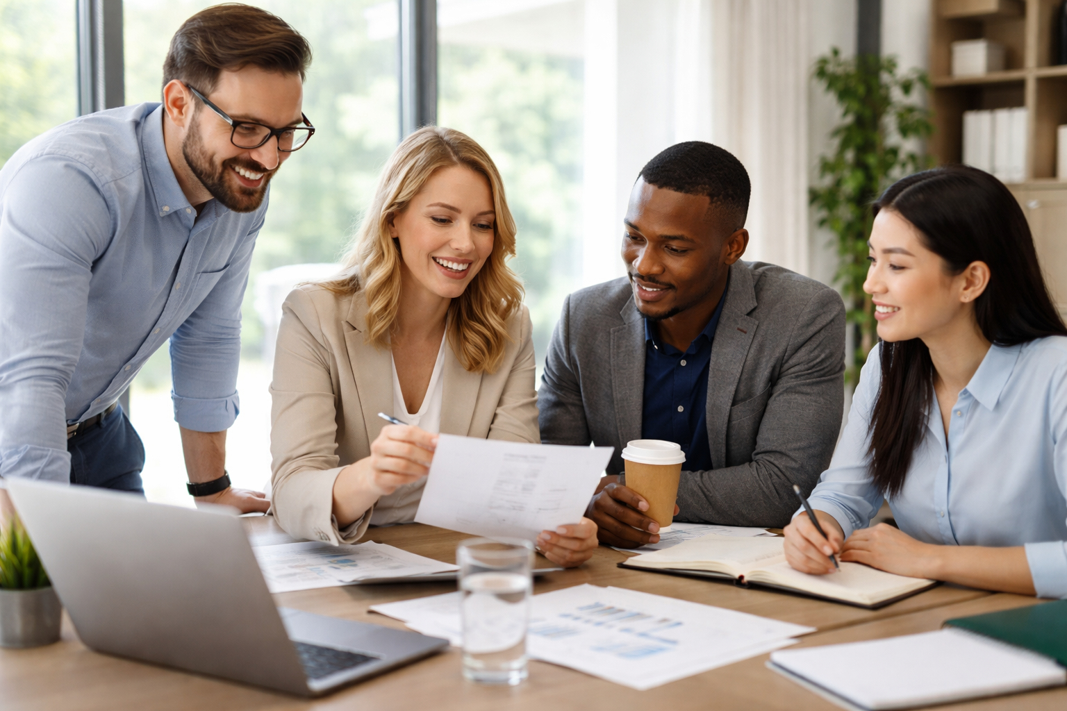 Four professionals collaborating in a bright office, reviewing documents together while taking notes and discussing ideas, showing teamwork and workplace professionalism.