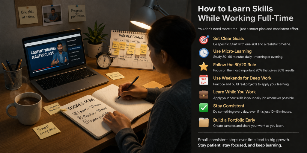 A focused young man studying content writing on a laptop in a cozy home office at night, taking notes under a desk lamp with a structured learning plan visible.
