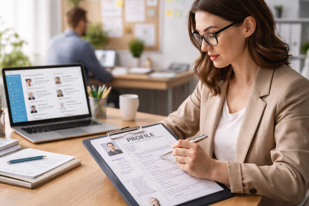 A professional recruiter reviewing a candidate’s resume on a clipboard at an office desk, with a laptop showing applicant profiles, coffee mug, and workspace items in the background.