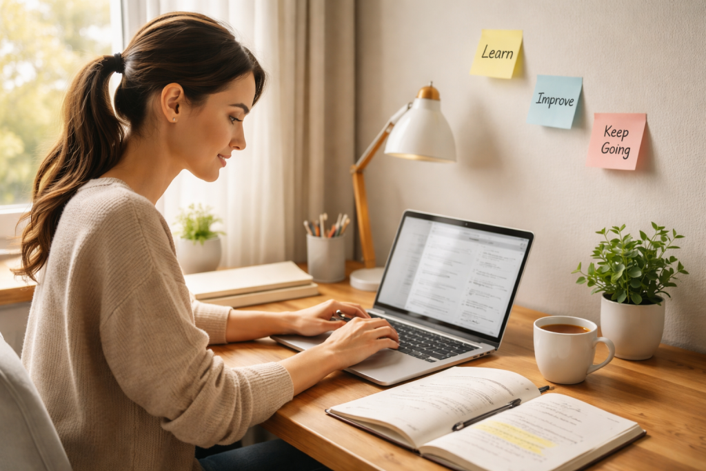 A realistic scene of a young person sitting at a clean wooden desk, working on a laptop with a notebook open beside them, showing handwritten notes and small progress steps. The person looks focused and calm, symbolizing learning and growth. Soft natural sunlight is coming through a window, creating a warm and productive atmosphere. On the wall behind them, there are sticky notes with words like “Learn,” “Improve,” and “Keep Going.” A small plant and a cup of tea are placed on the desk, adding a peaceful and motivating vibe. The environment looks simple, organized, and inspiring, representing a growth mindset in daily life. Ultra-realistic style, high detail, natural lighting, depth of field.
