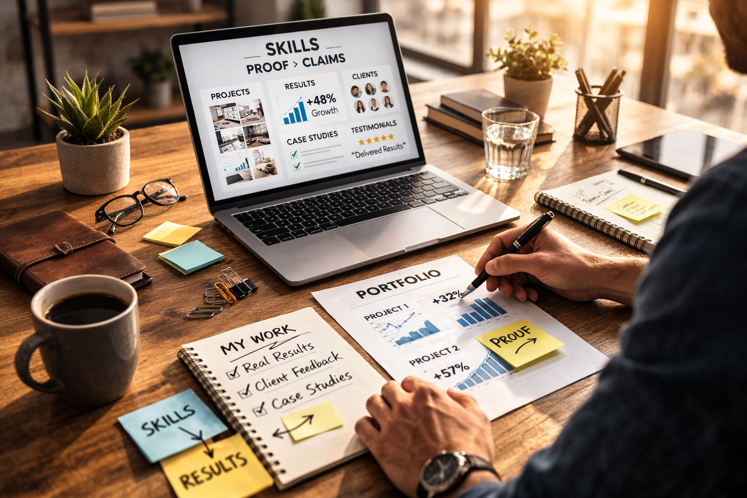 Alt text: A modern workspace with a laptop displaying growth metrics and client testimonials, alongside a printed portfolio showing project results and performance graphs. Sticky notes highlight proof and measurable outcomes, emphasizing credibility and real achievements.