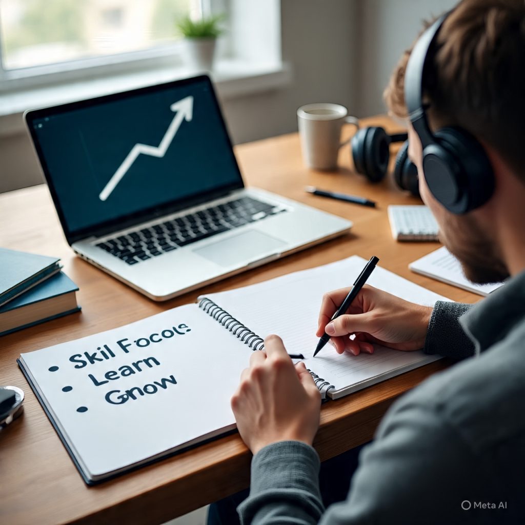 A realistic workspace scene showing a person writing in a notebook at a wooden desk. In front of them is a notepad titled “Skill Focus” with bullet points for Practice, Learn, and Grow. A laptop displaying an upward growth chart sits beside books, a coffee mug, headphones, and stationery, symbolizing focused skill development and productivity.