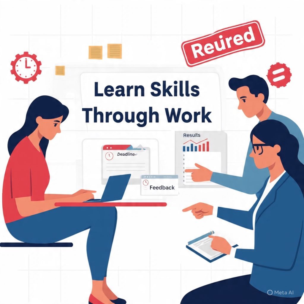A wide digital illustration showing the theme “Learn Skills Through Real Work.” On the left, a focused young woman works on a laptop at a desk with sticky notes and a visible deadline calendar. In the center, visual panels labeled Deadline, Feedback, and Results show a clock, edited document, and a rising graph with performance metrics. On the right, two professionals discuss a project while holding a tablet and notebook, with icons of ideas, gears, coins, and a “Hired” project stamp symbolizing growth, real-world experience, and career progress.