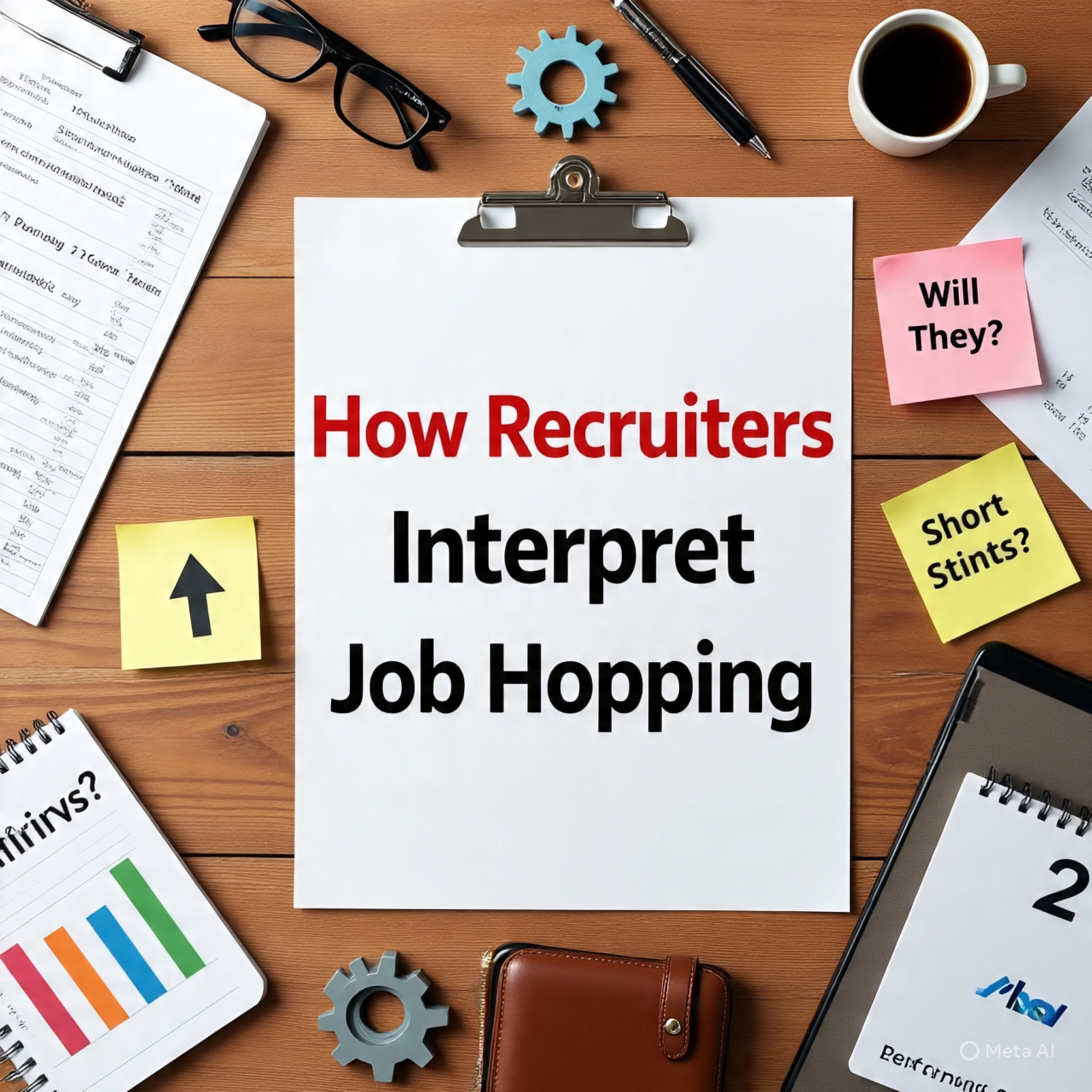 A realistic top-view image of a wooden desk arranged with recruitment-related items for an article titled “How Recruiters Interpret Job Hopping.” At the center is a large printed title, surrounded by a CV sheet, resume papers, a clipboard labeled job history, sticky notes with questions like “Will They Stay?”, “Performance Issues?”, and “Short Stints?”, a notebook listing short career durations, a smartphone displaying “Now Hiring,” a career growth chart with an upward arrow, a “2 Years” desk calendar block, glasses, pens, a magnifying glass, a leather planner, gears labeled “Skills” and “Growth,” and a cup of coffee. The layout symbolizes how recruiters analyze job changes, career stability, and professional growth.