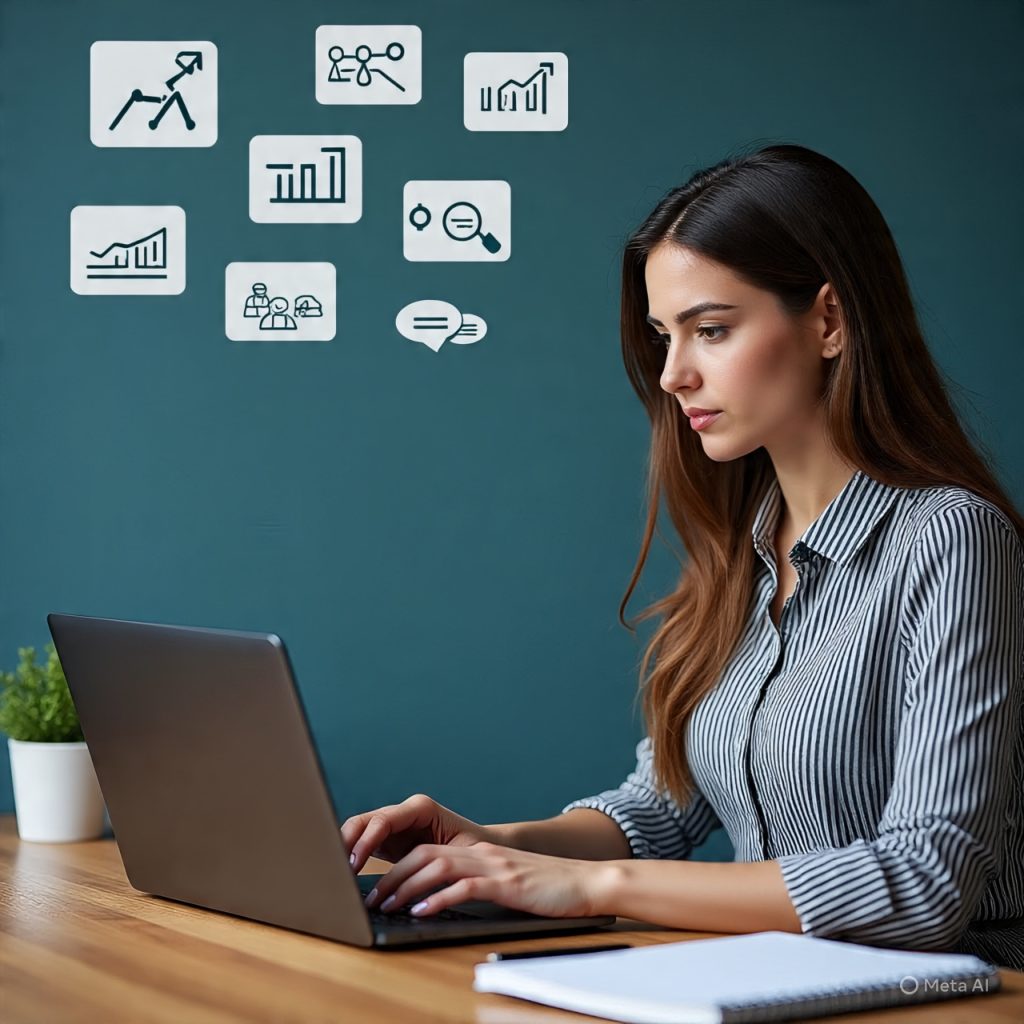 A realistic digital illustration of a young professional woman sitting at a wooden desk working on a laptop, surrounded by visual icons representing different skills such as analytics, coding, creativity, communication, and strategy. The workspace includes books, a notebook, coffee cup, and plants, symbolizing productivity and skill combination for career leverage.