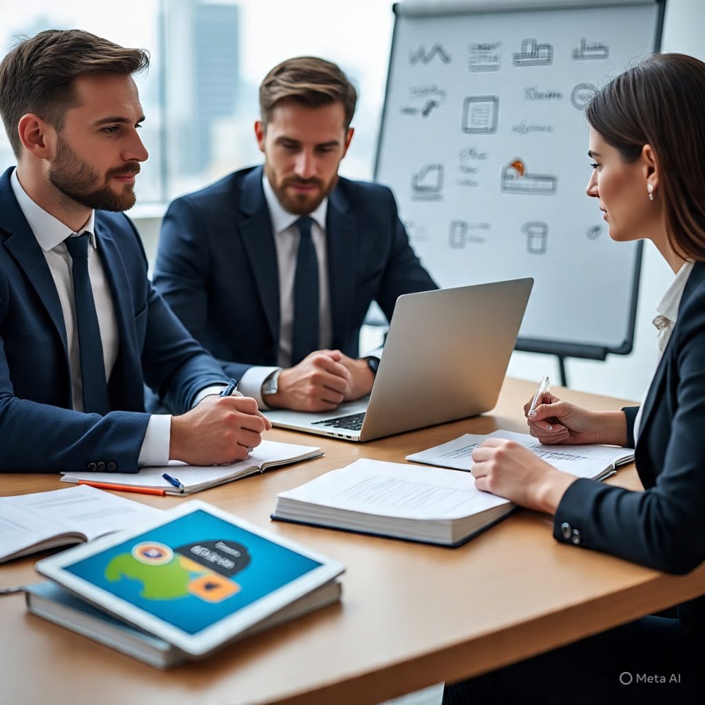 Three professionals sitting at a desk with a laptop, books, and tablet, surrounded by icons representing learning, skills, and career goals, symbolizing preparation for unknown or future job roles.